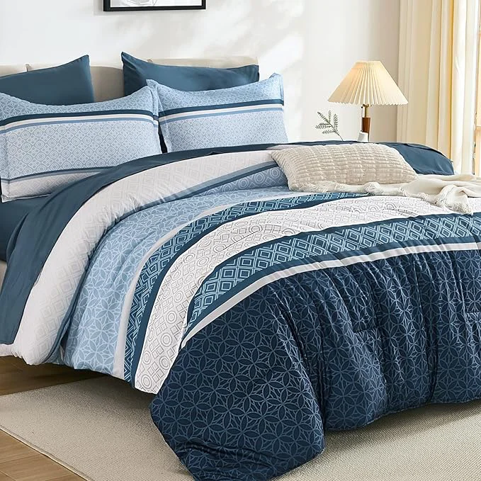 Sophisticated WONGS BEDDING Navy Blue Queen Comforter Set 7 Pieces Boho Striped Bed in a Bag Functional