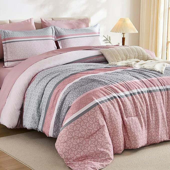 Responsible WONGS BEDDING Pink Queen Comforter Set 7 Pieces Boho Striped Bed in a Bag Long-Lasting