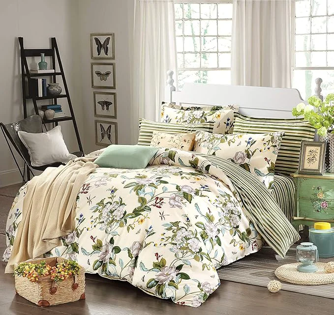 Functional FADFAY Floral Duvet Cover Set Cotton Green Striped and Beige Bedding White Healthy