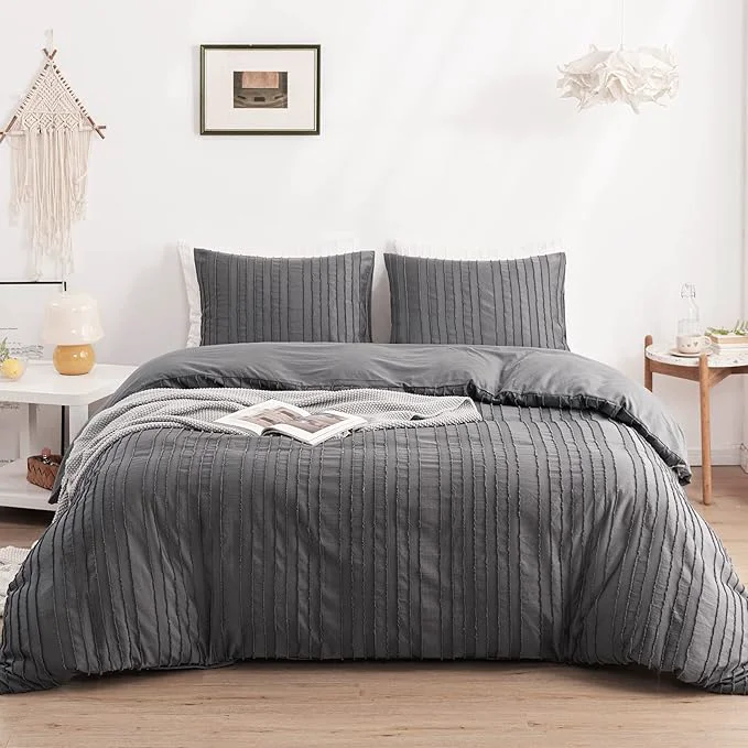 Luxury WARMDERN Gray Boho Duvet Cover Set Queen Size Striped Textured Duvet Cover Pure