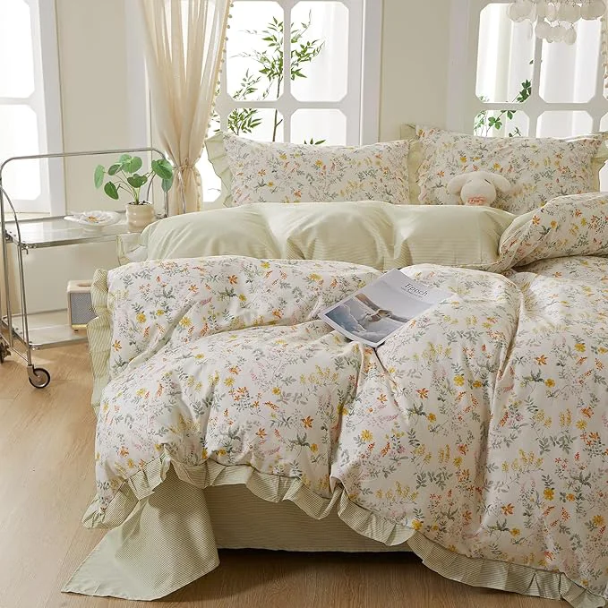 Traditional mixinni Cotton Duvet Cover Set Full Reversible Spring Floral Ruffle Green Convenient