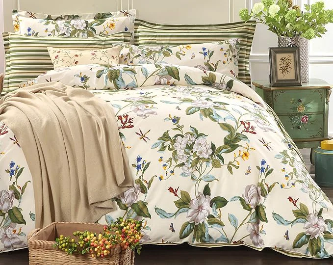 Eco-Friendly FADFAY Floral Duvet Cover Set Cotton Green and Beige Striped Shabby Flower Top-Quality