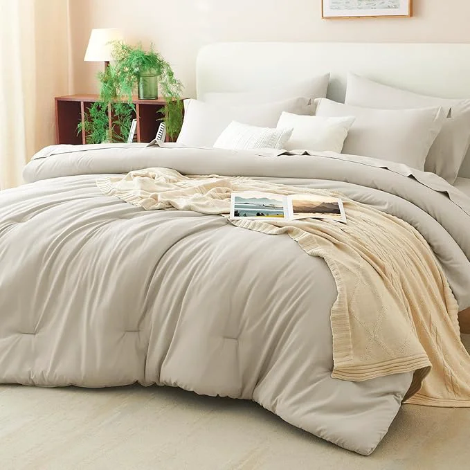 High-End CozyLux King Comforter Set Beige 7 Pieces Bed in a Bag Soft Bedding Comforter Enhanced