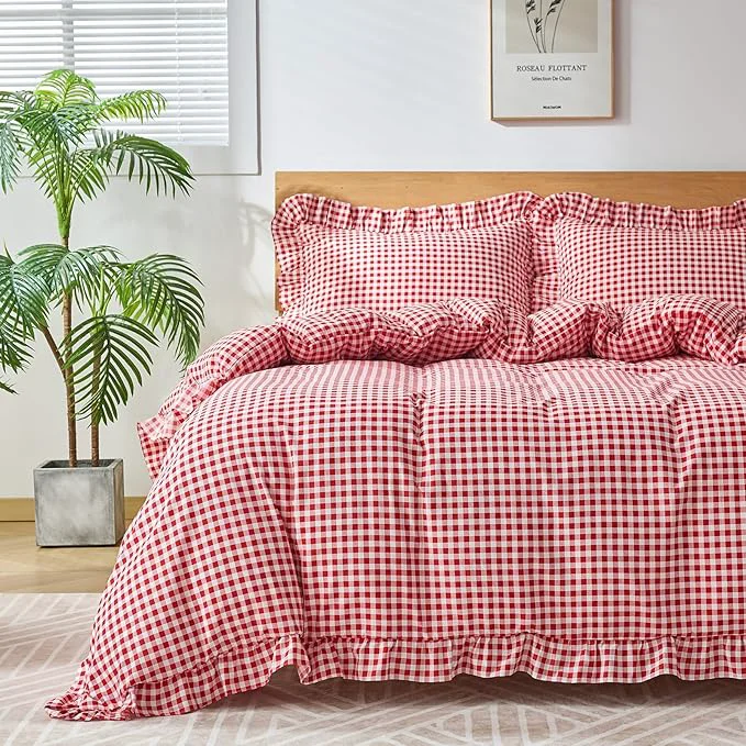 Artisan Gingham Duvet Cover Queen Size 3 Pieces Soft Breathable Microfiber Plaid Elegant