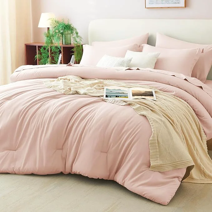 Smooth CozyLux Full Size Comforter Sets Blush Pink 7 Pieces Bed in a Bag Full First-Class