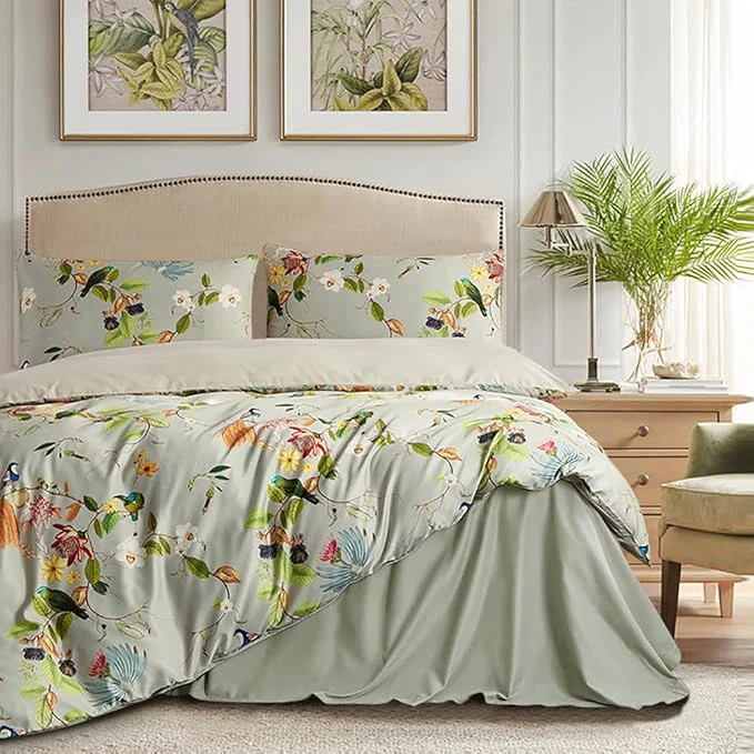 Original Design mixinni Garden Style Floral Birds 3 Pieces Duvet Cover King Size Green Leaves Pure