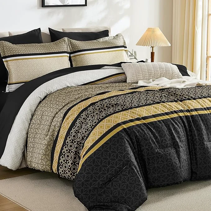 Organic WONGS BEDDING Yellow Black Queen Comforter Set 7 Pieces Boho Striped Bed in a World-Class