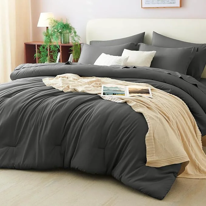 Safe CozyLux Full Size Comforter Sets Dark Grey 7 Pieces Bed in a Bag Full Environmentally Friendly