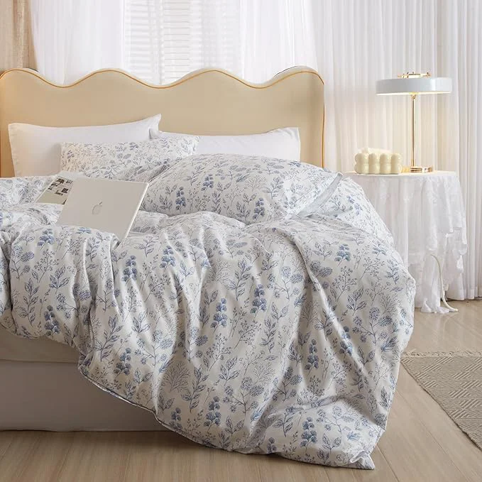 Crafted mixinni Blue Flower Duvet Cover Full Leaves Pattern Cotton Full Size Trendy