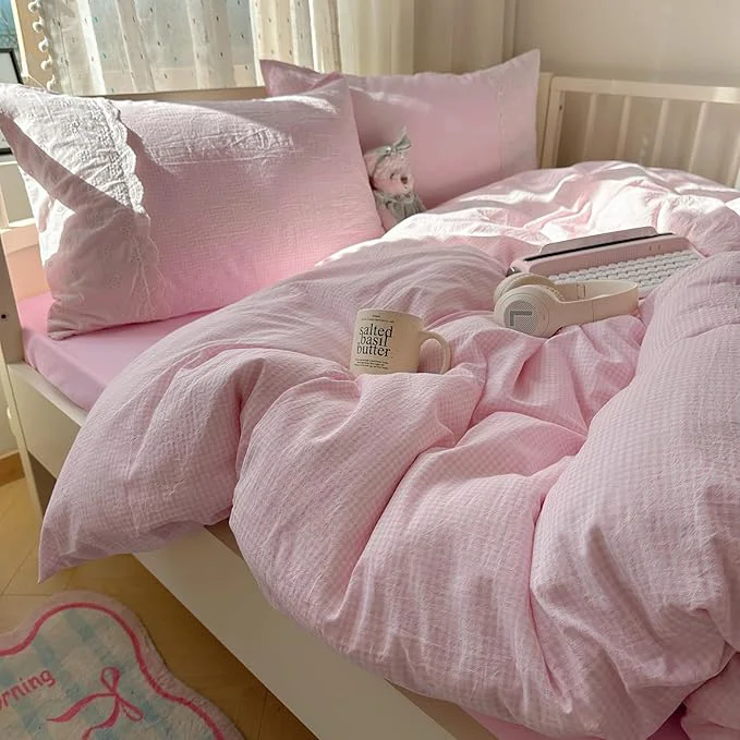 User-Friendly mixinni Pink Gingham Duvet Cover King Size High-Grade