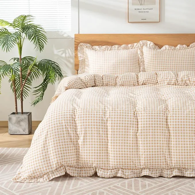 Recyclable Gingham Duvet Cover King Size 3 Pieces Soft Breathable Microfiber Plaid Environmentally Friendly