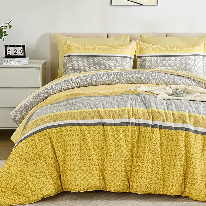 Lightweight WONGS BEDDING Yellow Comforter Set King Size 7 Pieces Striped Bed in a Bag Specialty
