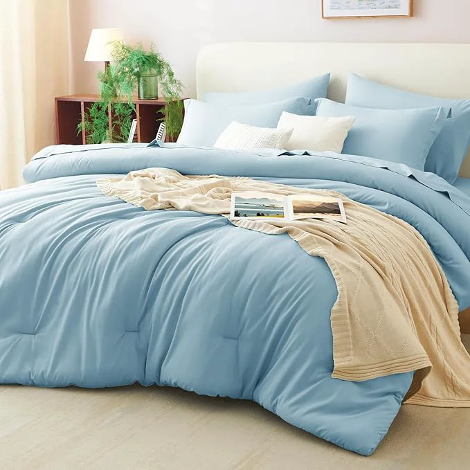 Modern CozyLux Full Size Comforter Sets Light Blue 7 Pieces Bed in a Bag Full Green