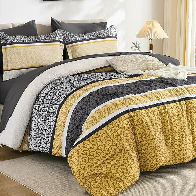 Exclusive WONGS BEDDING Yellow Grey King Comforter Set 7 Pieces Boho Striped Bed in a Next-Generation