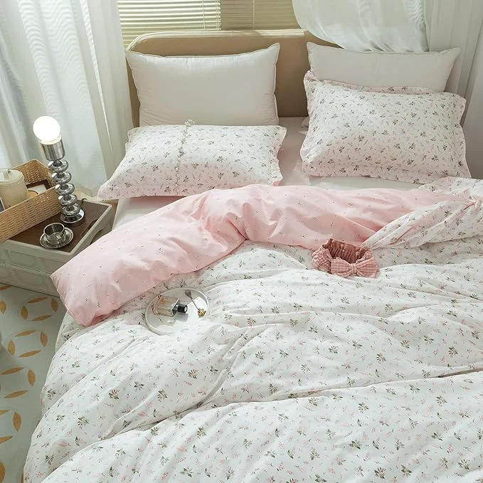 Convenient mixinni White Pink Floral Duvet Cover Queen Size Girls Garden Style Cotton Soft