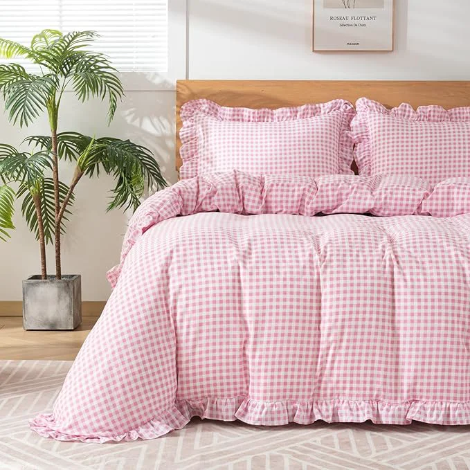 Casual Gingham Duvet Cover Twin Size 2 Pieces Soft Breathable Microfiber Plaid Solid