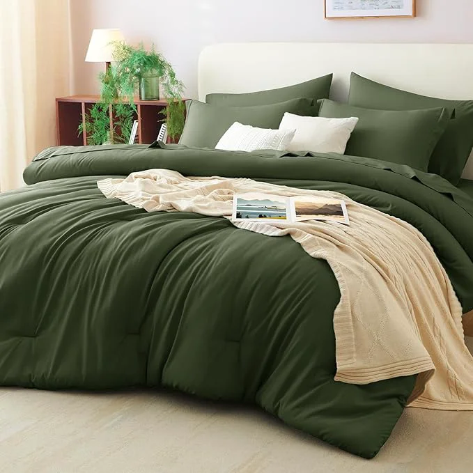 Crafted CozyLux California King Comforter Set Olive Green 7 Pieces Cal King Bed in a Pure