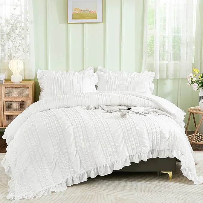 Artisan WONGS BEDDING White Queen Comforter Set Boho Ruffle Comforter Outstanding