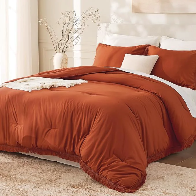 Comfortable Andency Queen Comforter Set Burnt Orange 3 Pieces Boho Terracotta Fall Tassel Exceptional