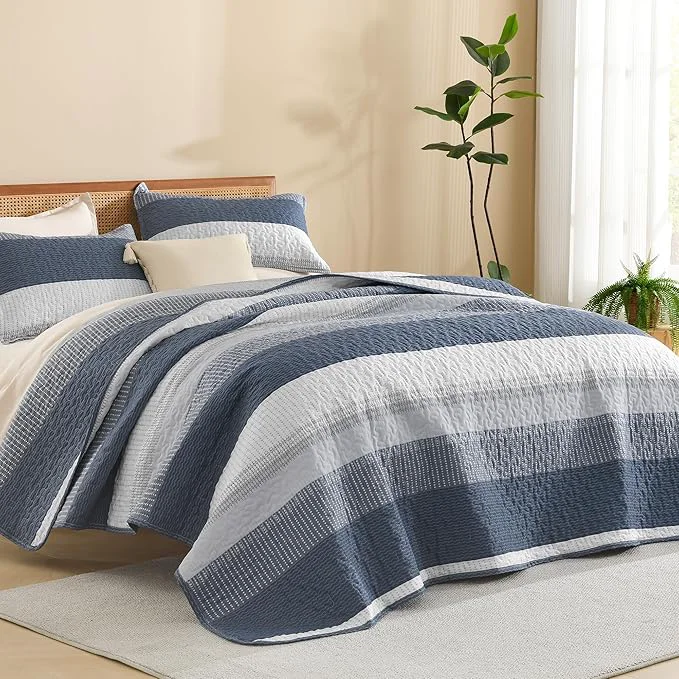 Casual Litanika Queen Quilt Set Navy Blue Stripe Patchwork Bedspread Coverlet 3 Pieces Optimized
