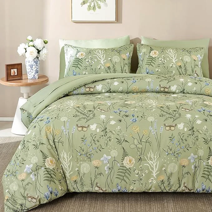 Functional Yiran Sage Green Floral Comforter Set King Size 7 Piece Botanical Comforter Trusted