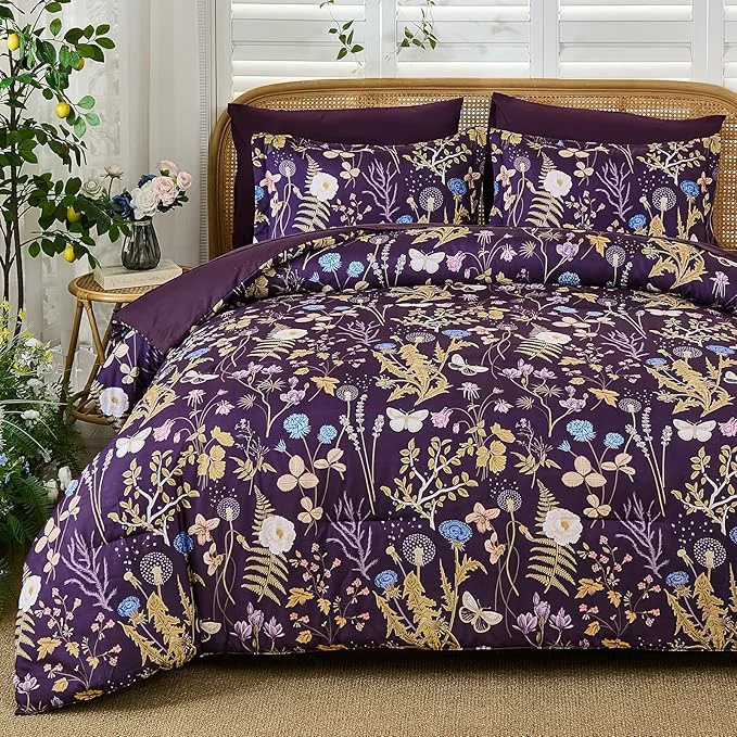 Organic Yiran Purple Floral Comforter Set King Size 7 Piece Botanical Comforter Authentic