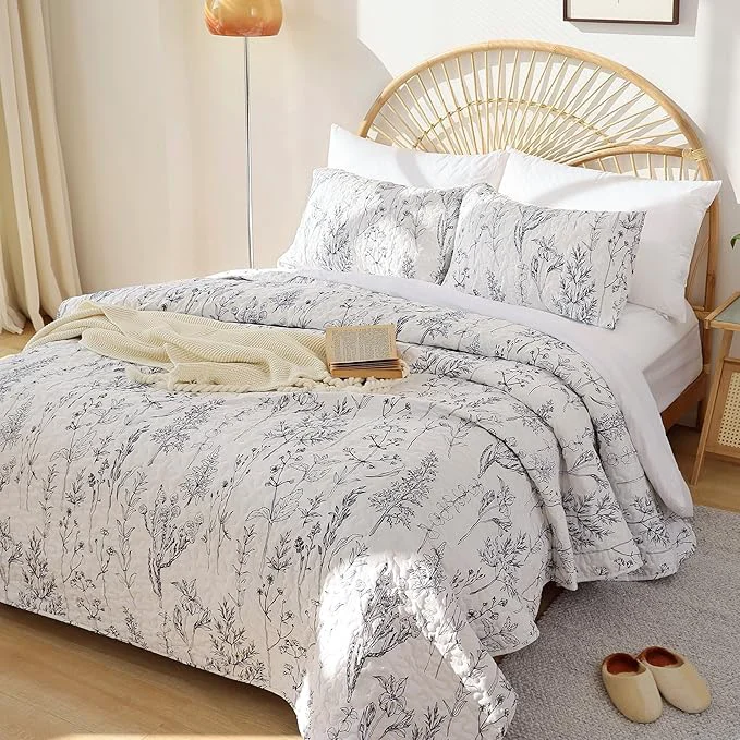 Reliable JANZAA Quilts Queen Size White Floral Bed Spread Convenient