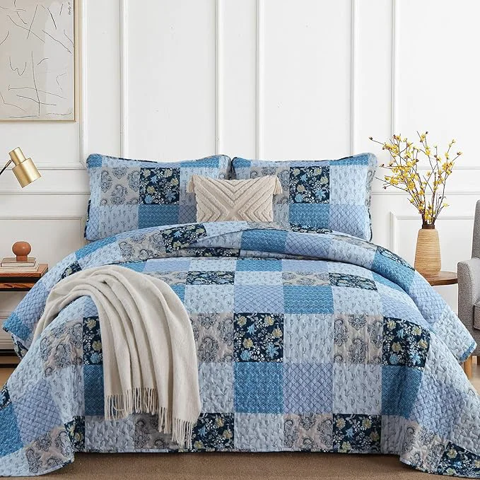 Certified Xruibed Blue Quilt Set Queen Size 3 Pieces Plaid Floral Boho Bedspread Coverlet Advanced
