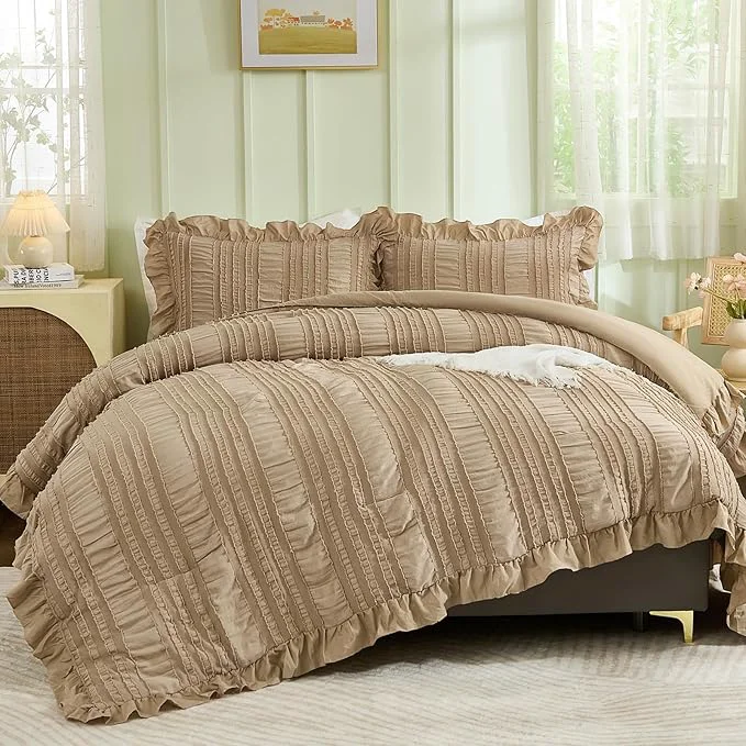 Organic WONGS BEDDING Khaki Comforter Set King 3 Pieces Ruffle Farmhouse Shabby Chic Genuine