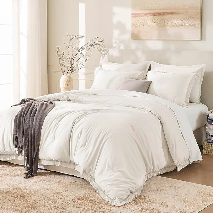 Clean Andency King Size Comforter Set Beige 3 Pieces Boho Lightweight Tassel Fluffy Fine Crafted