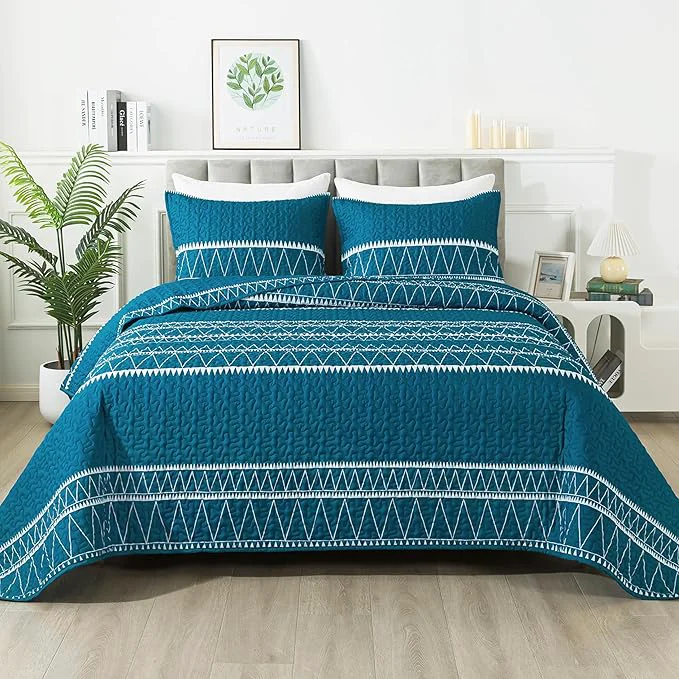 Organic Andency Teal Twin Quilt Set 2 Pieces Boho Lightweight Soft Striped Bedspread Sophisticated