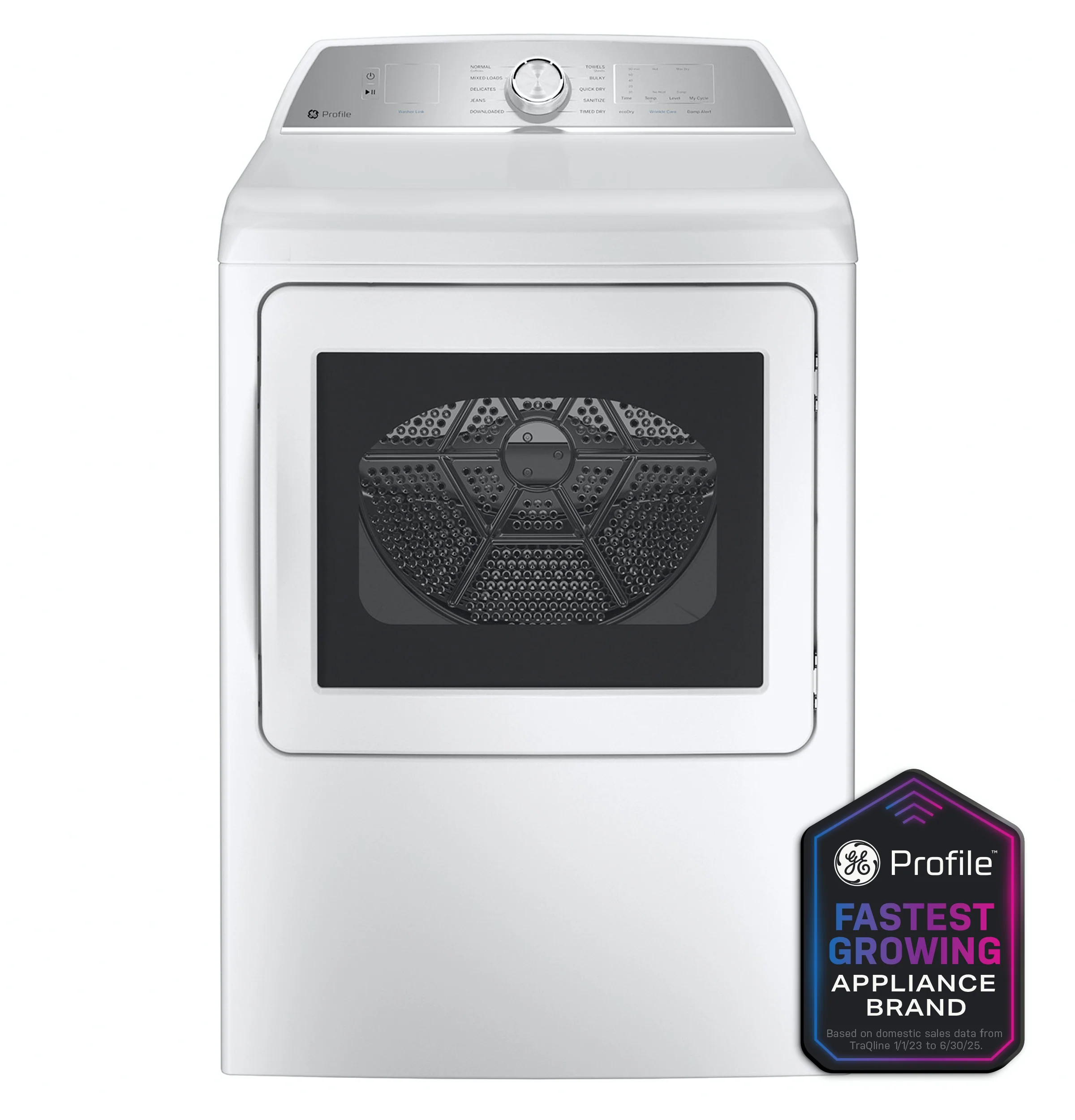 Optimized GE Profile™ ENERGY STAR® 7.4 cu. ft. Capacity aluminized alloy drum Gas Dryer with Sanitize Cycle and Sensor Dry Prestigious