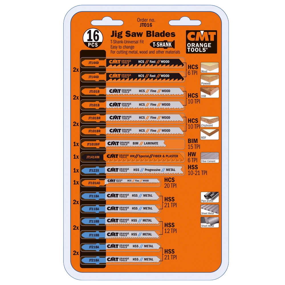 World-Class CMT Orange Tools 16-Pc. Jig Saw Blades Set Clean
