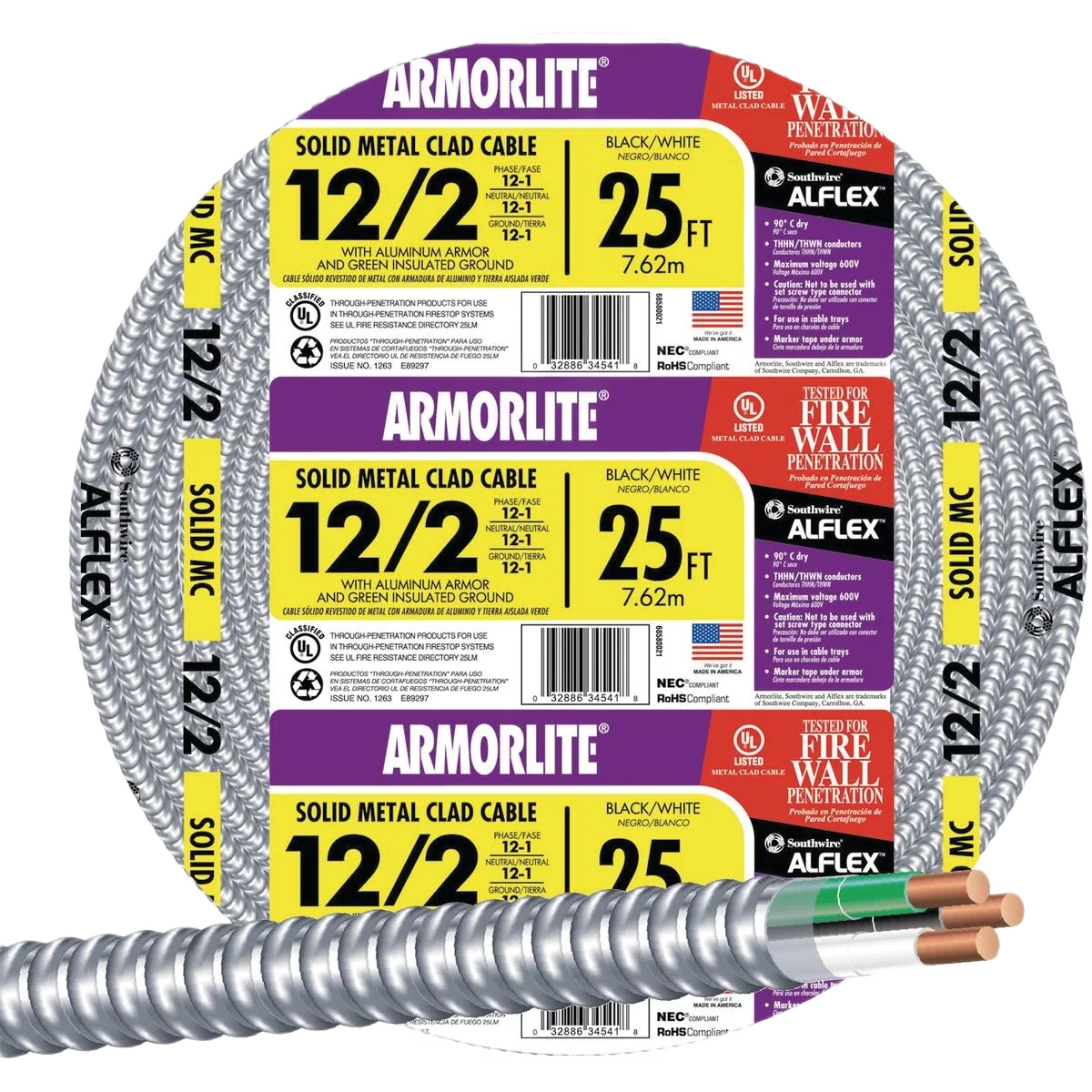 Breathable Southwire 25' 12 2 MC Aluminum Armored Cable Contemporary