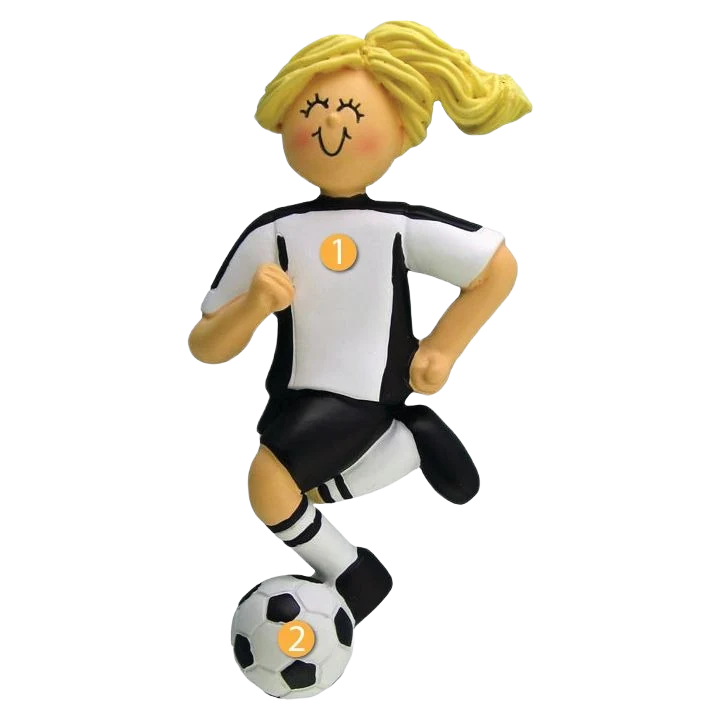 Reusable Ornament Central Personalized Blonde Female in Black Soccer Uniform Ornament Top-Quality