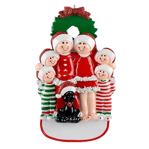 Unique Rudolph Me Personalized Family of 6 with Black Dog Ornament Excellent