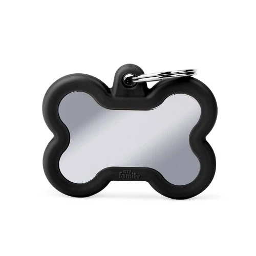 Secure MyFamily Hushtag Big Black Chrome-Plated Brass Bone Pet Tag with Black Rubber Smooth