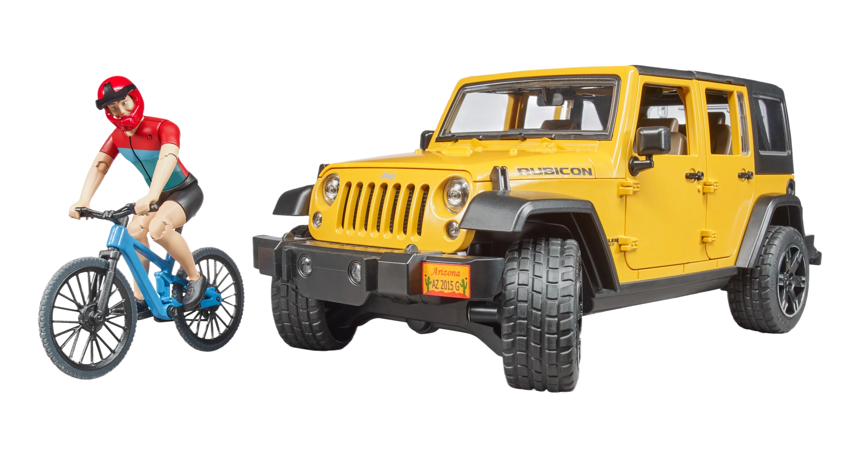Premium Material Bruder Jeep Wrangler Rubicon Unlimited w Bike and Cyclist Pure