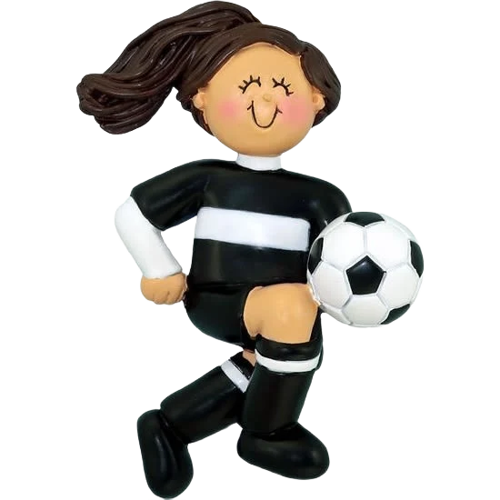 Expertly Made Ornament Central Personalized Brunette Female Soccer Player in Black Uniform Ornament Proven
