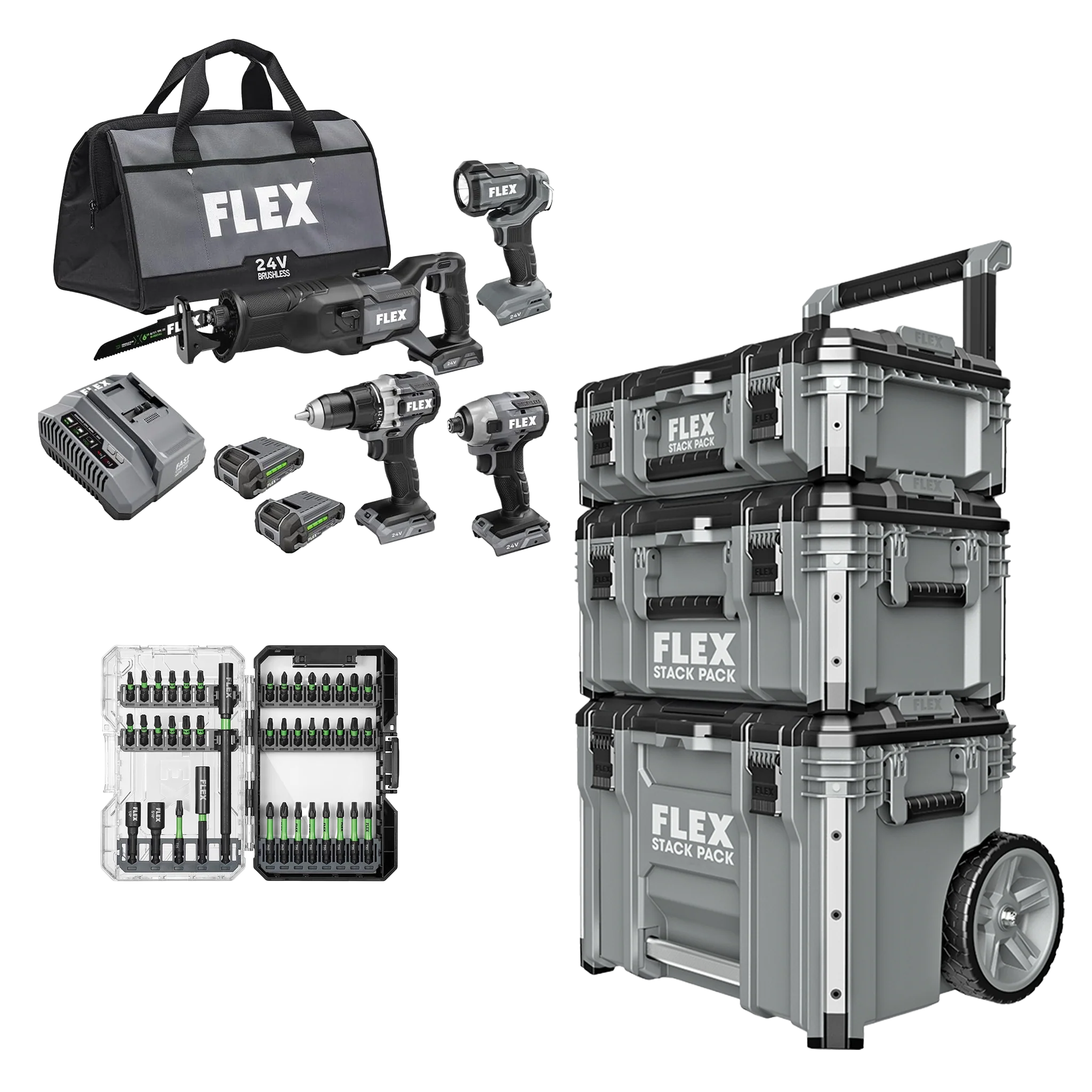 Secure FLEX 24V 4-Tool Combo Kit 41-Pc. Impact Driver Bit Set Stack Pack™ 3-Pc. Storage System Unique