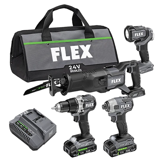 Fine Crafted FLEX 24V Drill Driver Impact Driver Reciprocating Saw and Work Light Kit Carefully Designed