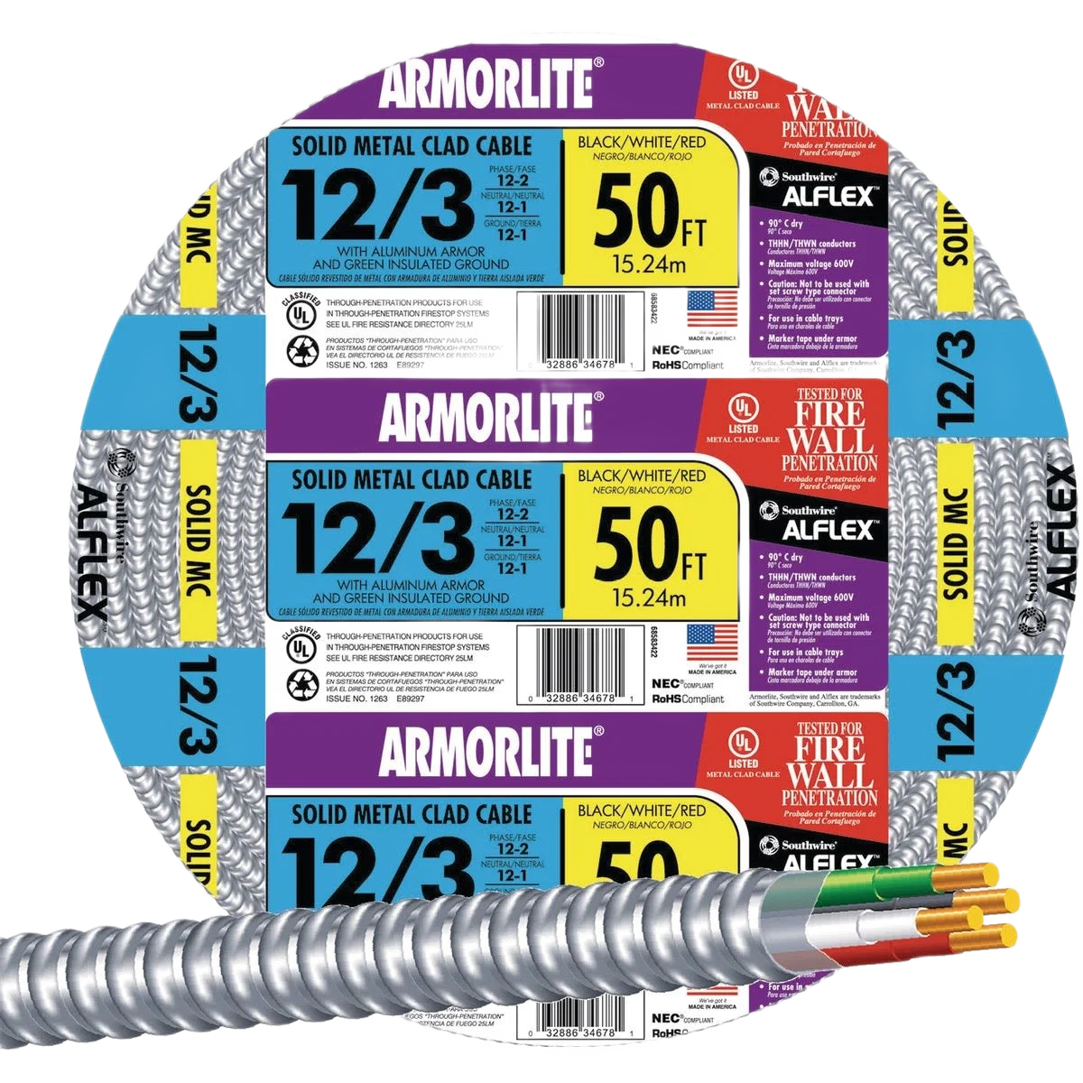Easy-to-Use Southwire 50' 12 3 MC Aluminum Armored Cable Pure