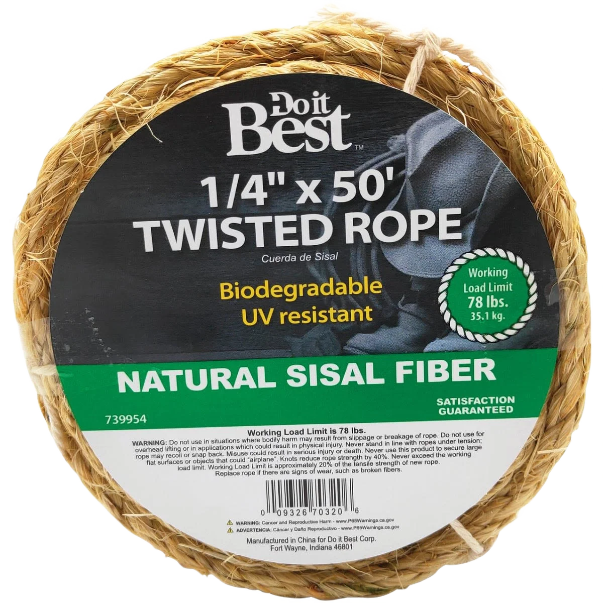 Specialty Do it Natural Twisted Sisal Fiber Packaged Rope 1 4 In. x 50 Ft. Green