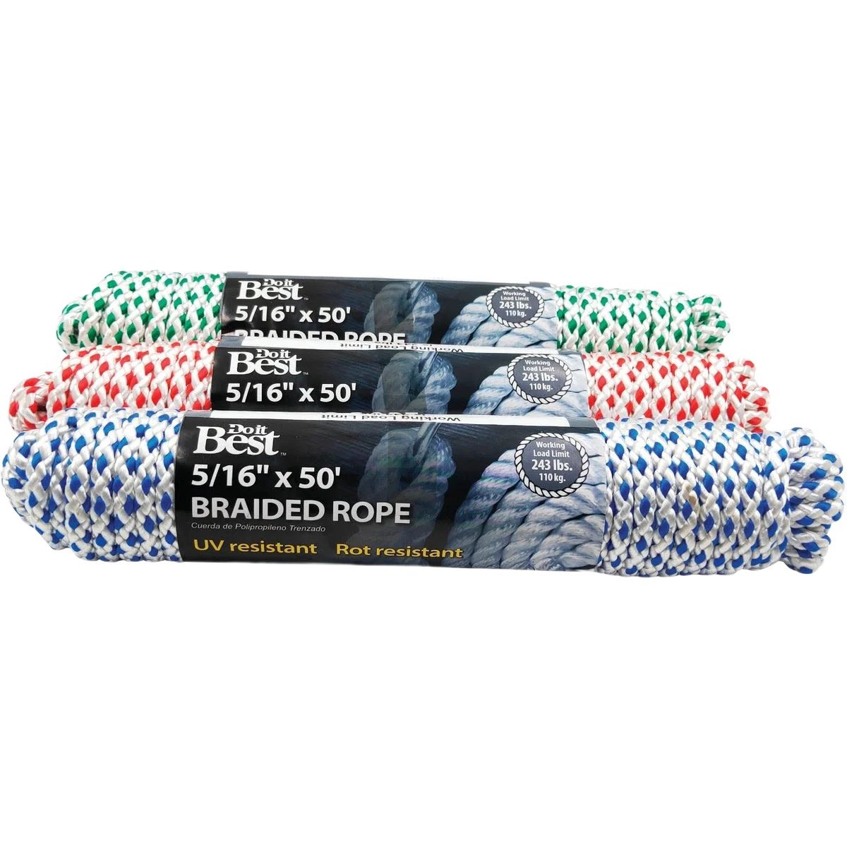 Fine Crafted Do it Assorted Colors Diamond Braided Polyester Packaged Rope 5 16 In. x 50 Ft. Traditional