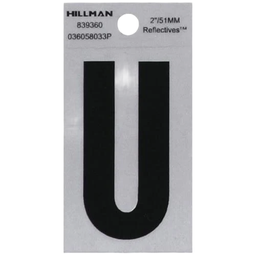 Traditional Hillman 2 in. Black Silver Reflective Mylar Square Cut Sticker Letter U Artisan