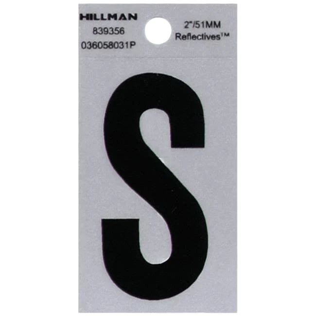 Efficient Hillman 2 in. Black Silver Reflective Mylar Square Cut Sticker Letter S Premium