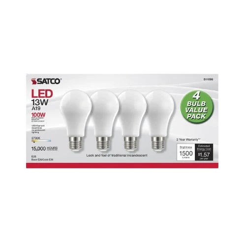 Efficient Satco 13 Watt A19 LED Warm White Frosted Light Bulb 4-Pack Professional