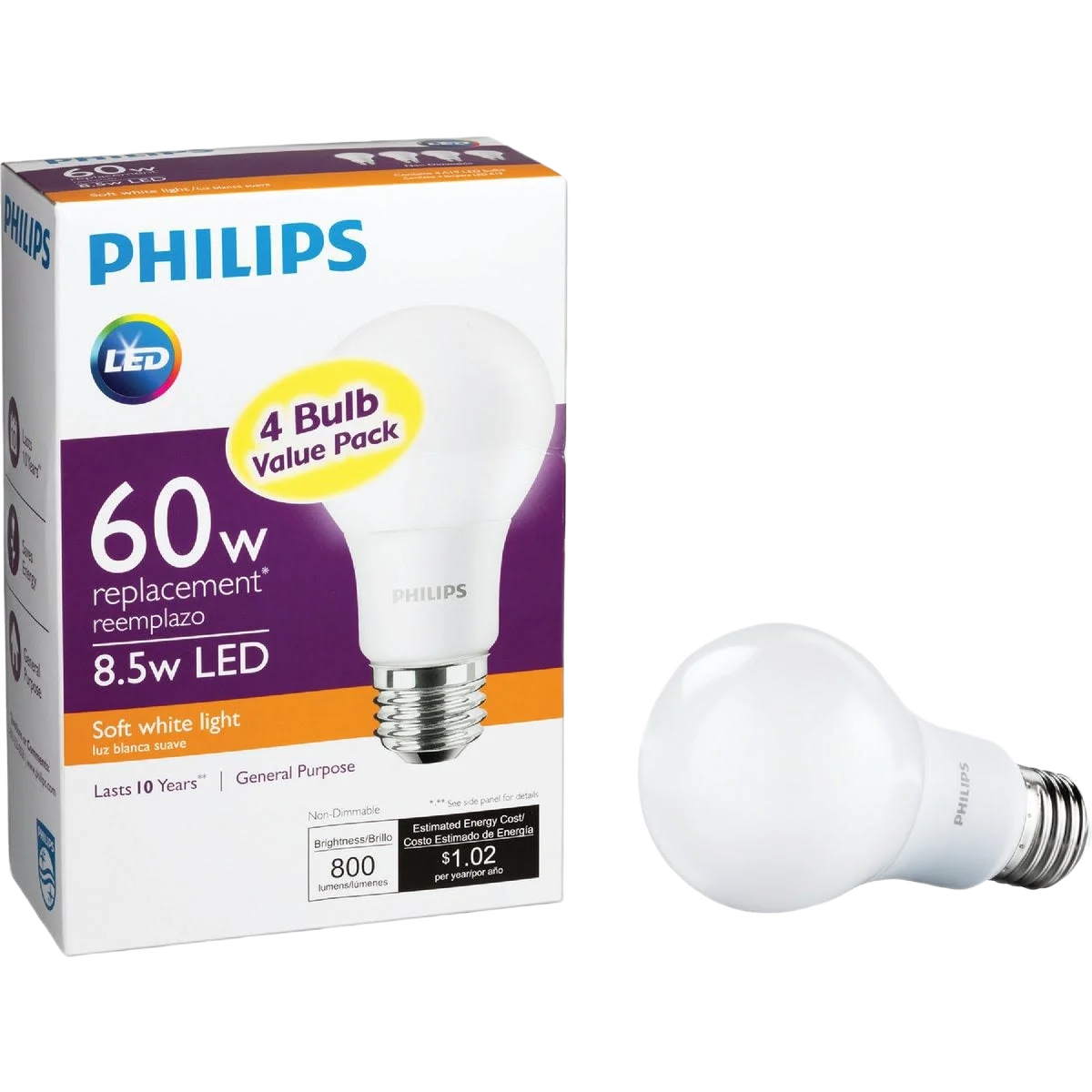 Convenient Philips A19 LED 60W Equivalent Soft White Light Bulb 4-Pack Crafted