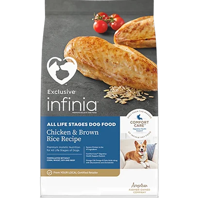 Dependable Exclusive Infinia Chicken Brown Rice Adult Dry Dog Food 30 lb. Fine
