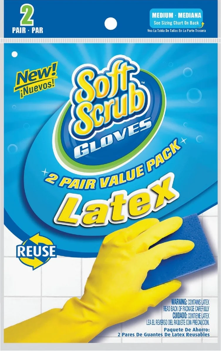 High-End Soft Scrub Medium Yellow Latex Rubber Gloves 2-Pack Durable